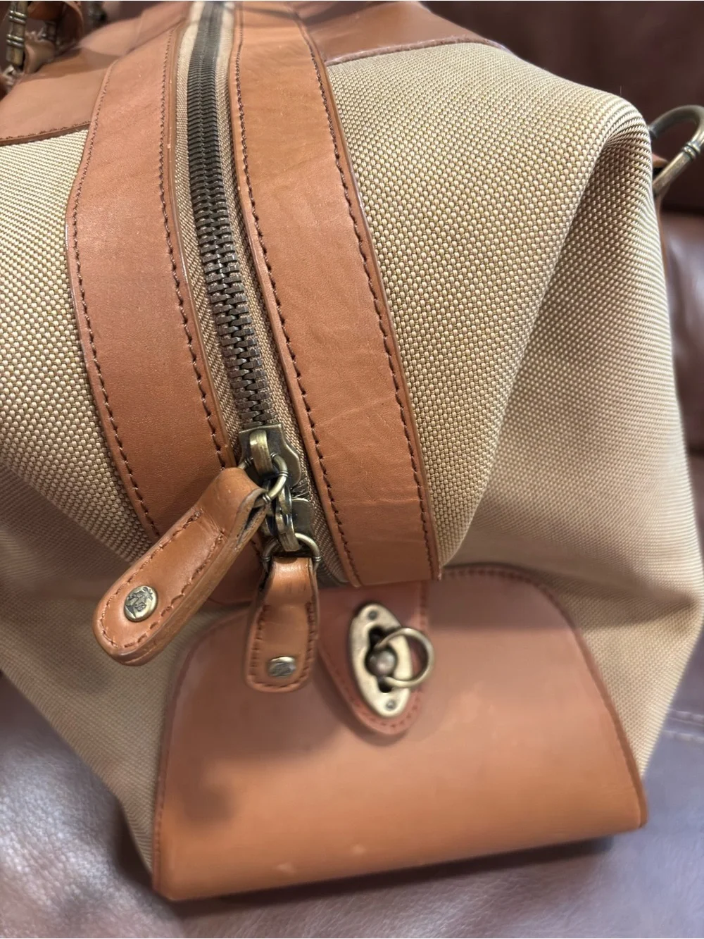 Tommy Bahama Tan Canvas & Leather Weekender Bag with Blue Embroidery Travel